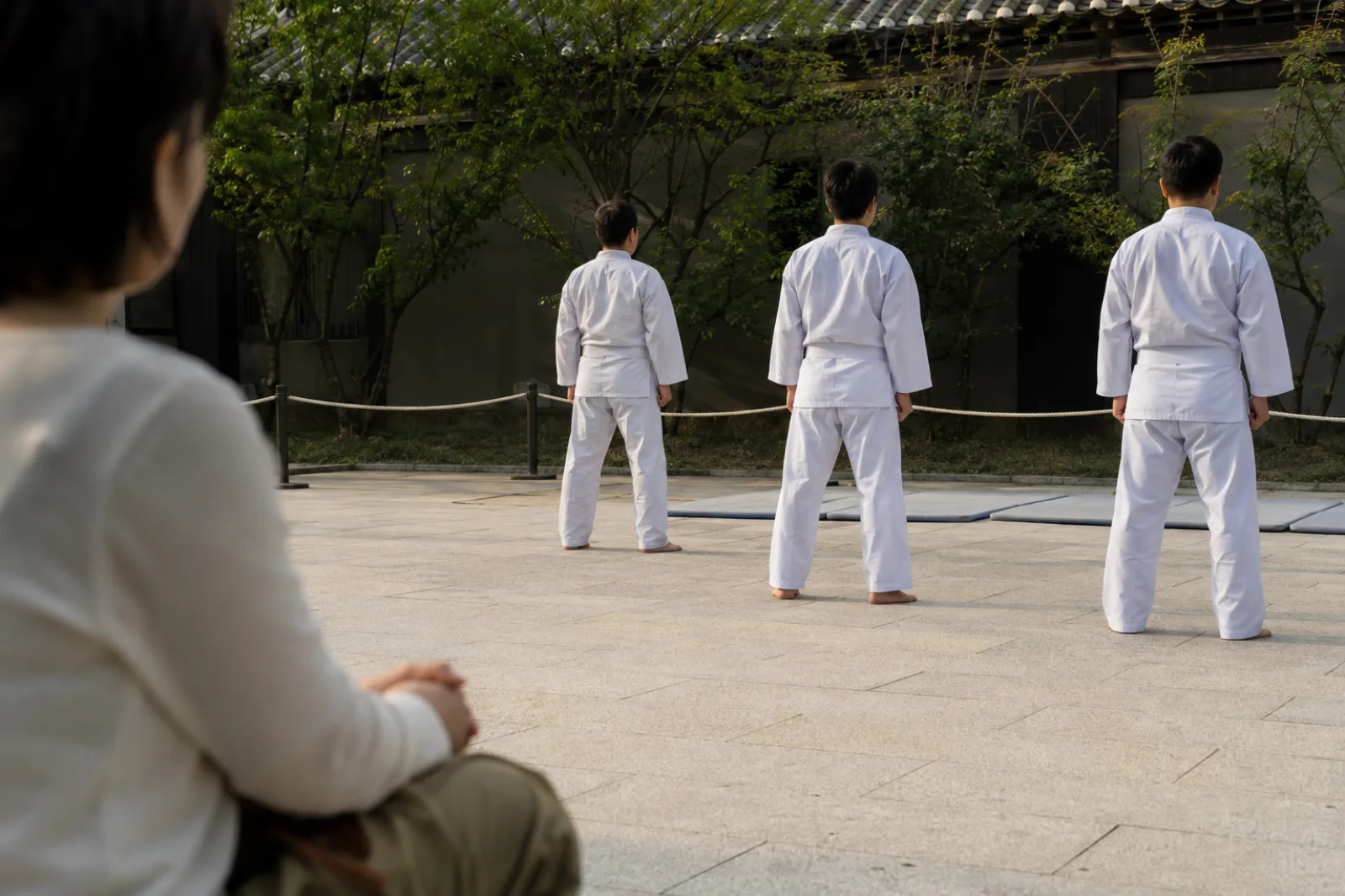 AI-generated editorial view of three anonymous adult martial-arts performers pausing in formation before a fictional courtyard demonstration
