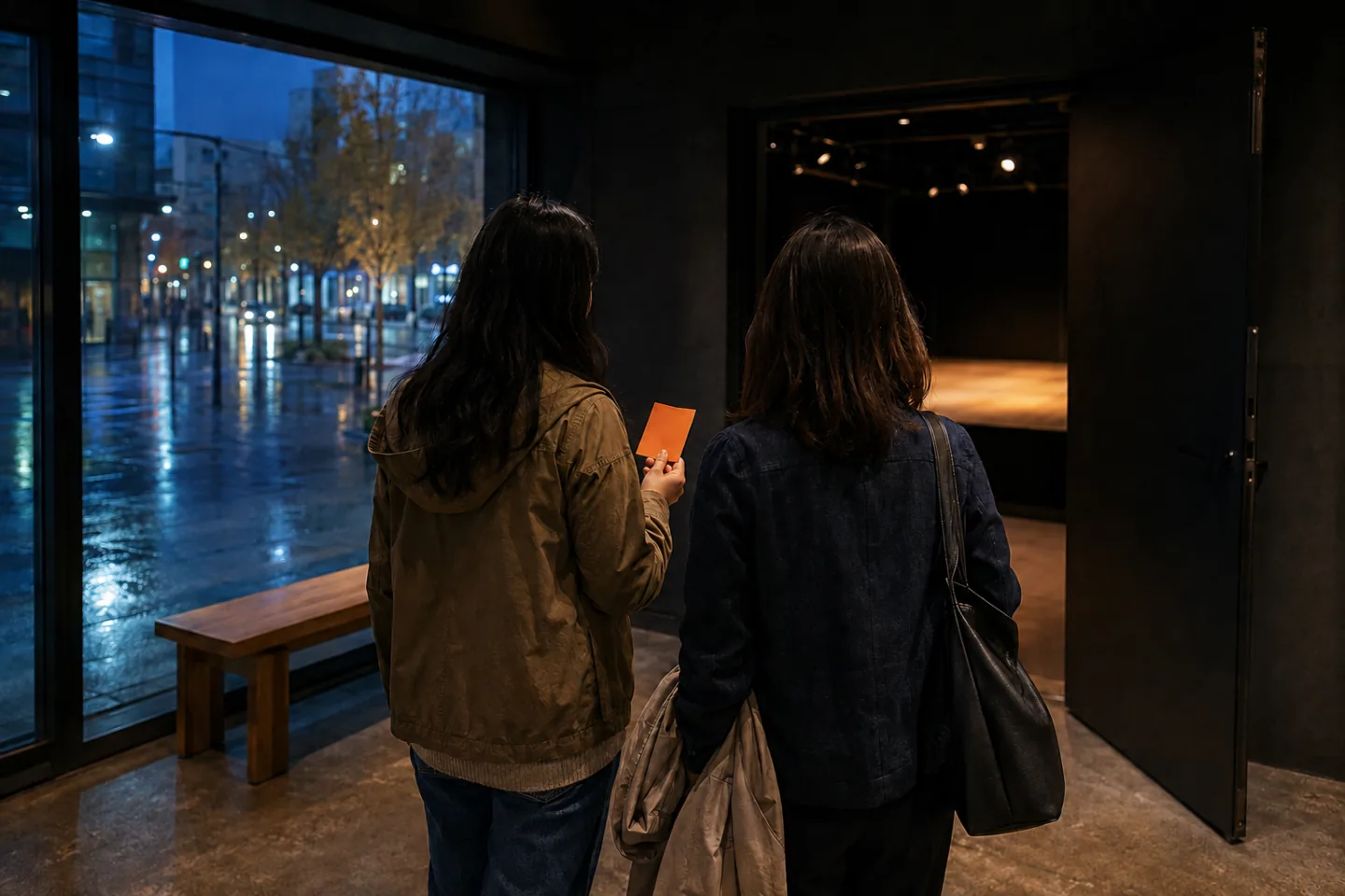 Two anonymous adults enter a generic black-box theater foyer on a rainy evening, one holding a blank orange admission card