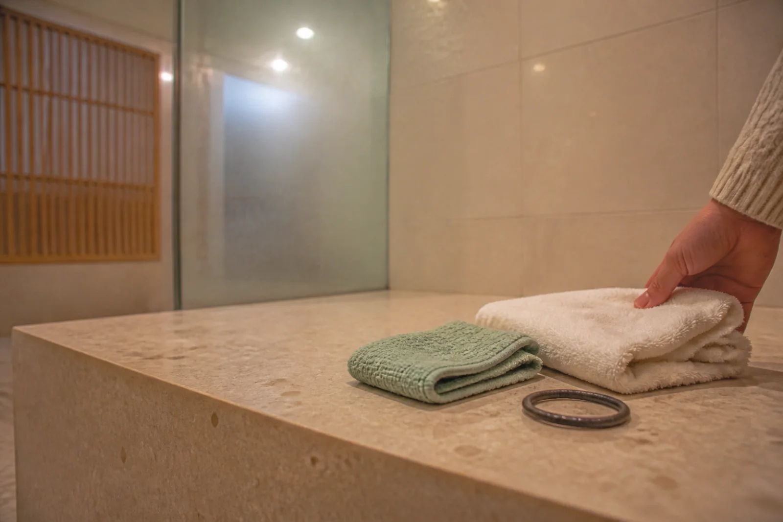 AI-generated editorial view of a plain exfoliating washcloth, folded towel and unmarked wristband on a fictional bathhouse shelf