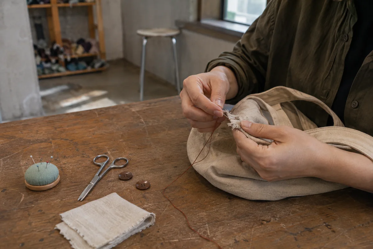 A fictional adult repairs a frayed canvas tote at a generic community workshop table