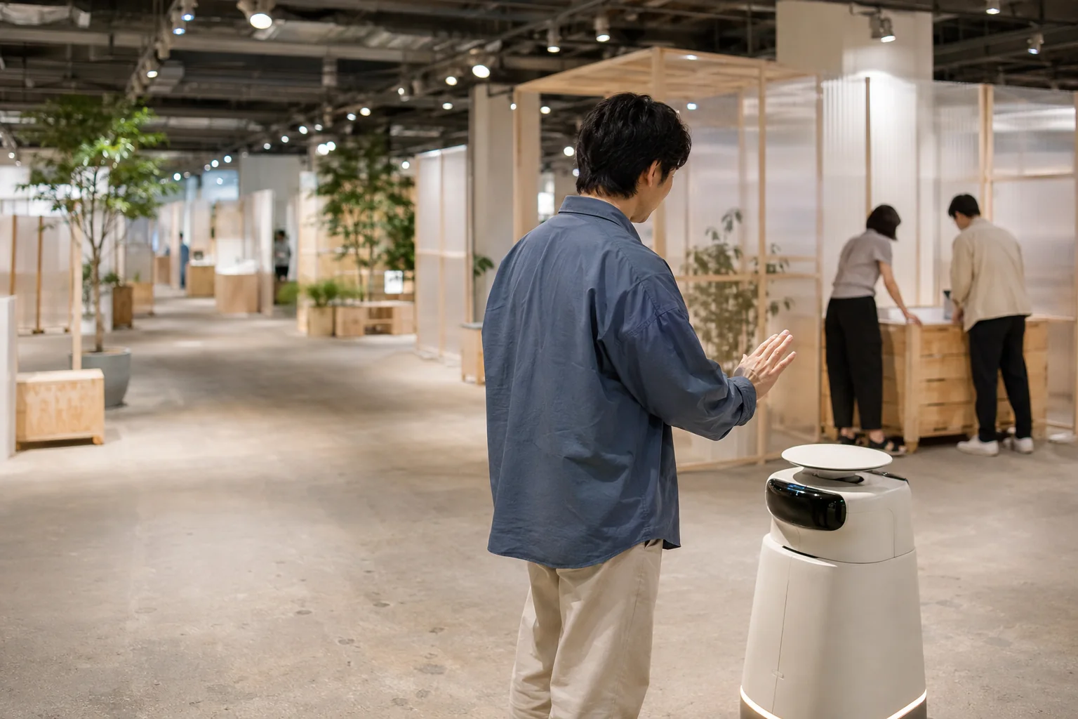 AI-generated editorial view of an anonymous visitor testing a generic service robot inside a fictional civic technology exhibition