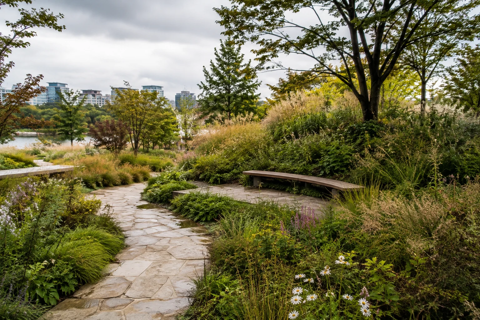 AI-generated editorial view of a damp stone path winding through a layered urban garden with a wooden bench and distant apartment buildings