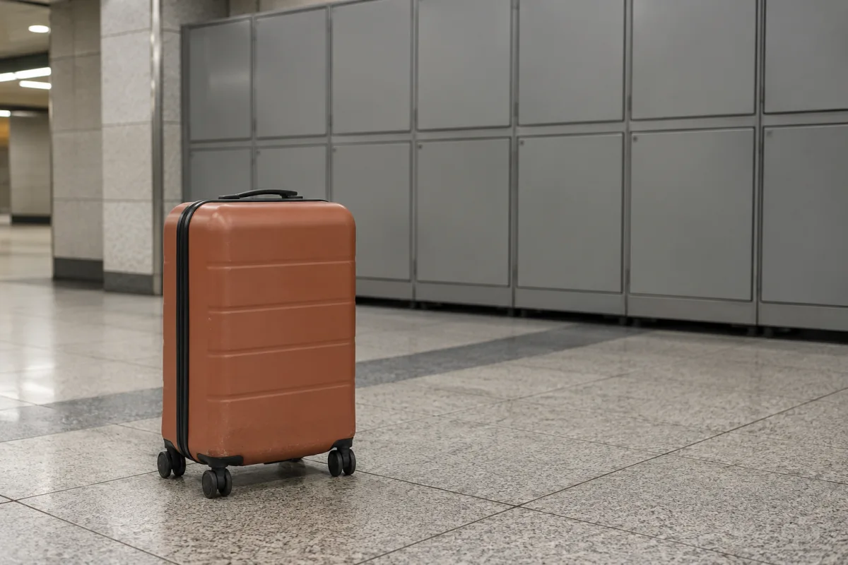 An imagined unbranded terracotta suitcase beside plain closed subway-style lockers; AI illustration, not an actual station or storage transaction.