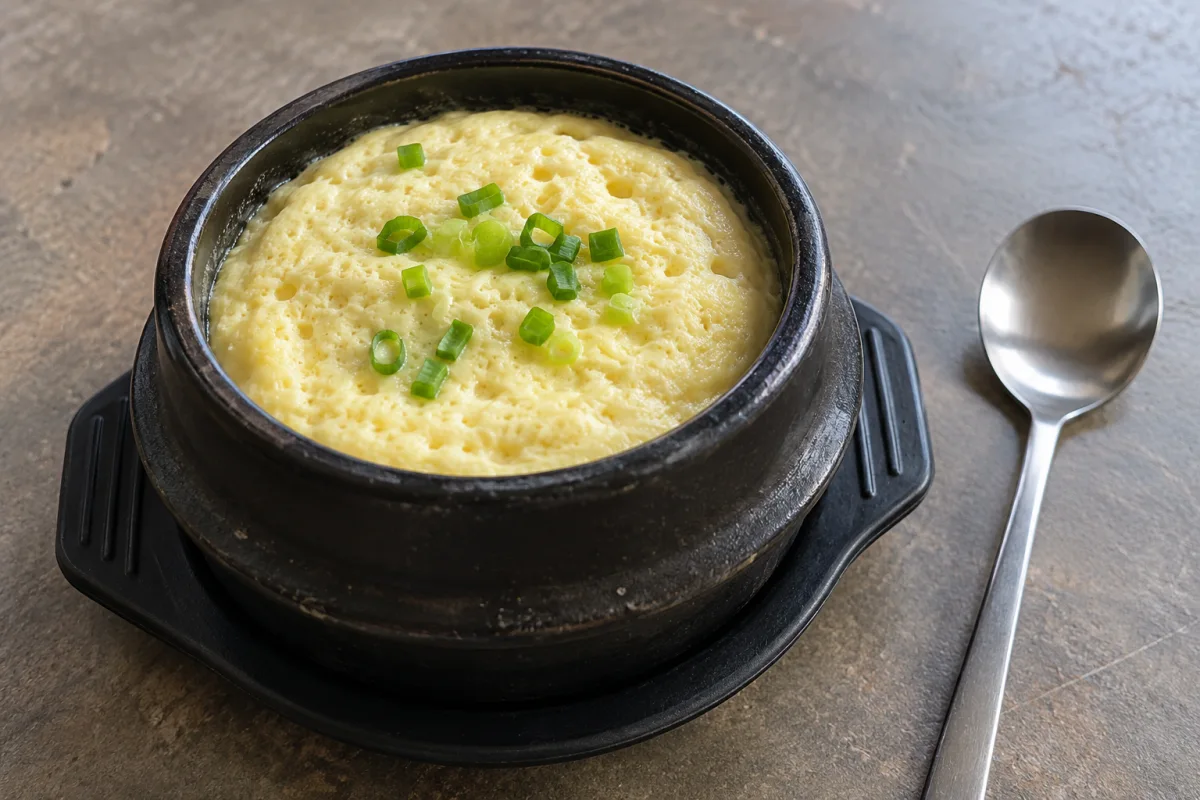 An imagined modest black earthenware bowl of pale yellow steamed egg with a few scallion pieces on a plain table; AI illustration, not a photographed restaurant dish.