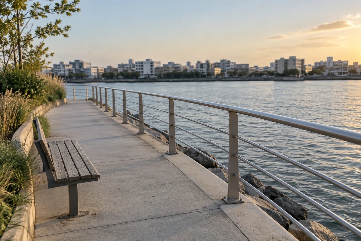 An invented urban canal-side promenade, railing and bench; AI illustration, not a photograph of Busan North Port Waterfront Park.