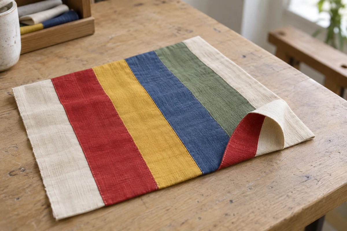 An invented contemporary cloth sample with multicolored sewn bands on a plain worktable; AI illustration, not a museum object or historical garment.
