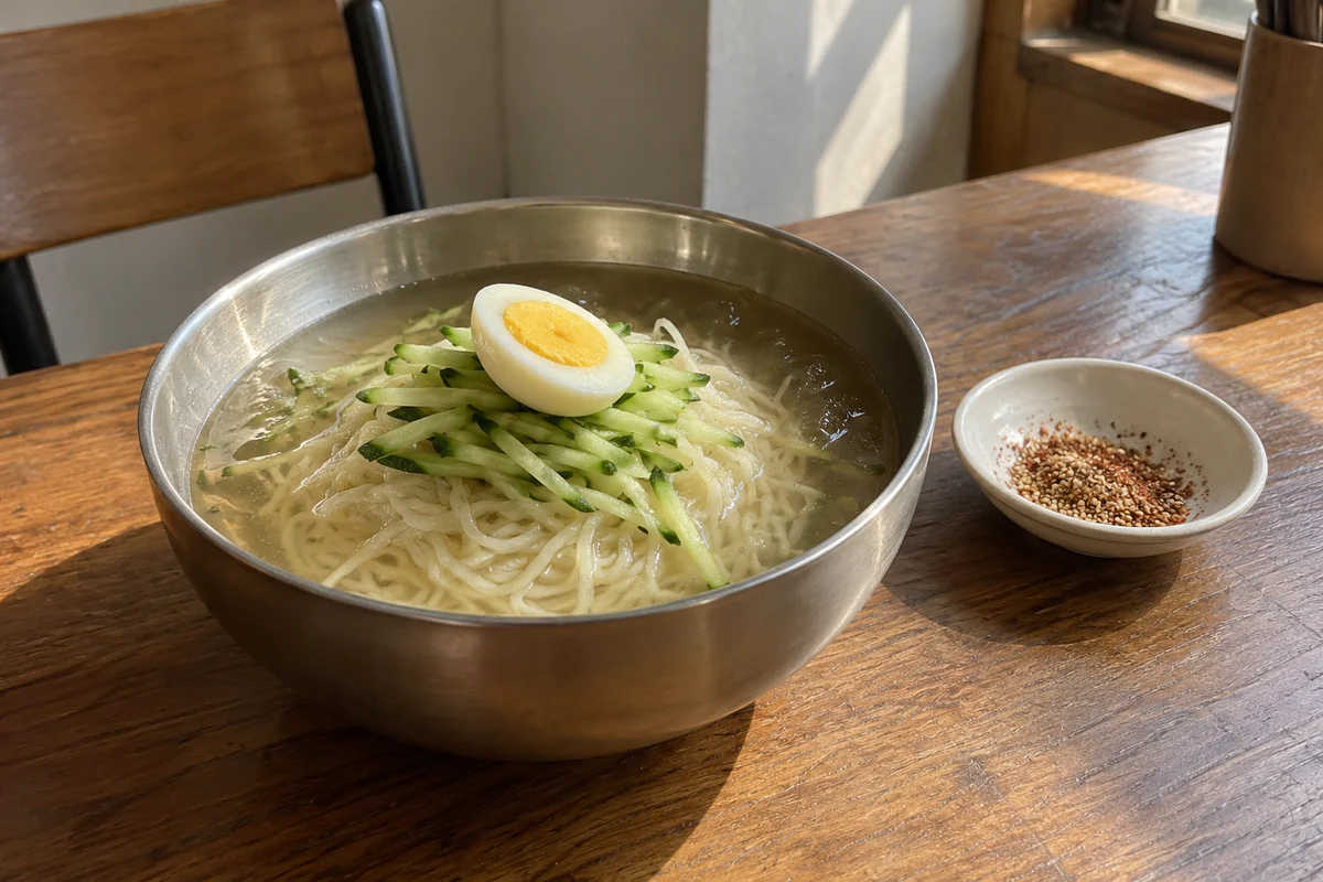Illustrated bowl of cold milmyeon with cucumber and egg