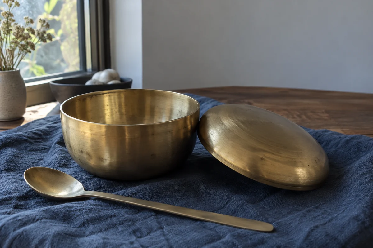 Conceptual plain brass rice bowl and lid on navy fabric