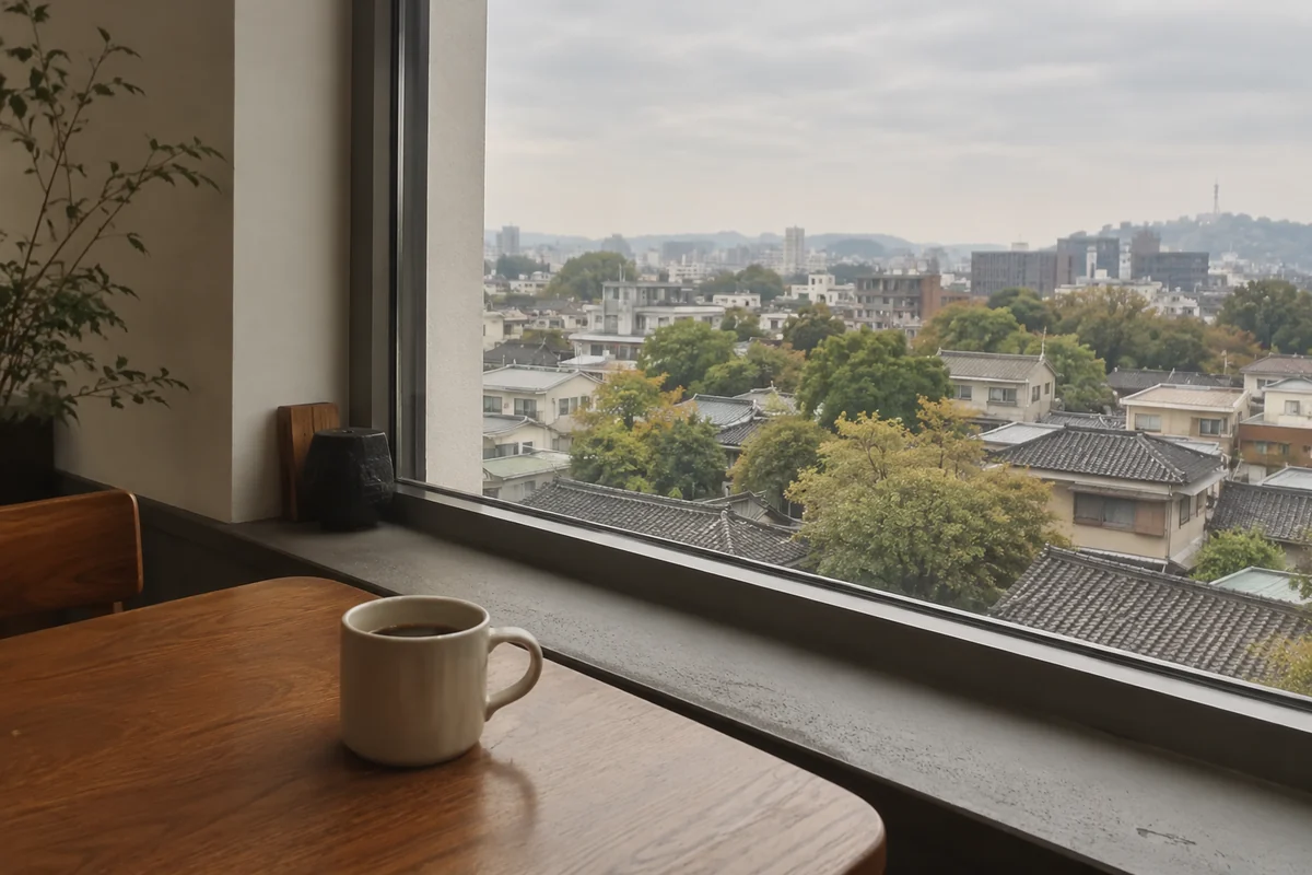 Conceptual coffee cup by a high window overlooking a generic city