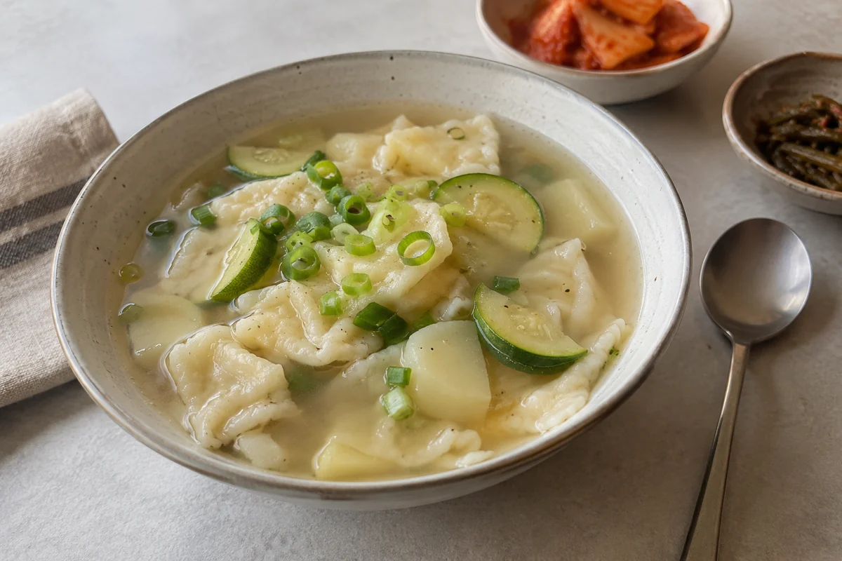 Conceptual bowl of sujebi with irregular dough pieces and vegetables