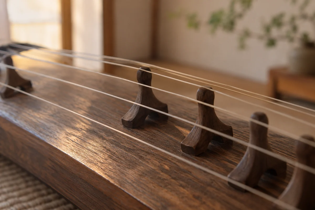 Conceptual close crop of wooden zither bridges and silk-like strings
