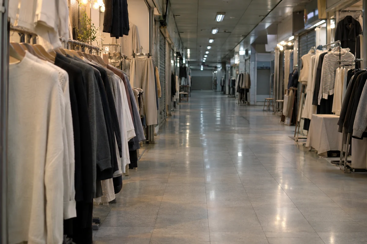 Conceptual anonymous underground shopping aisle with unbranded clothes