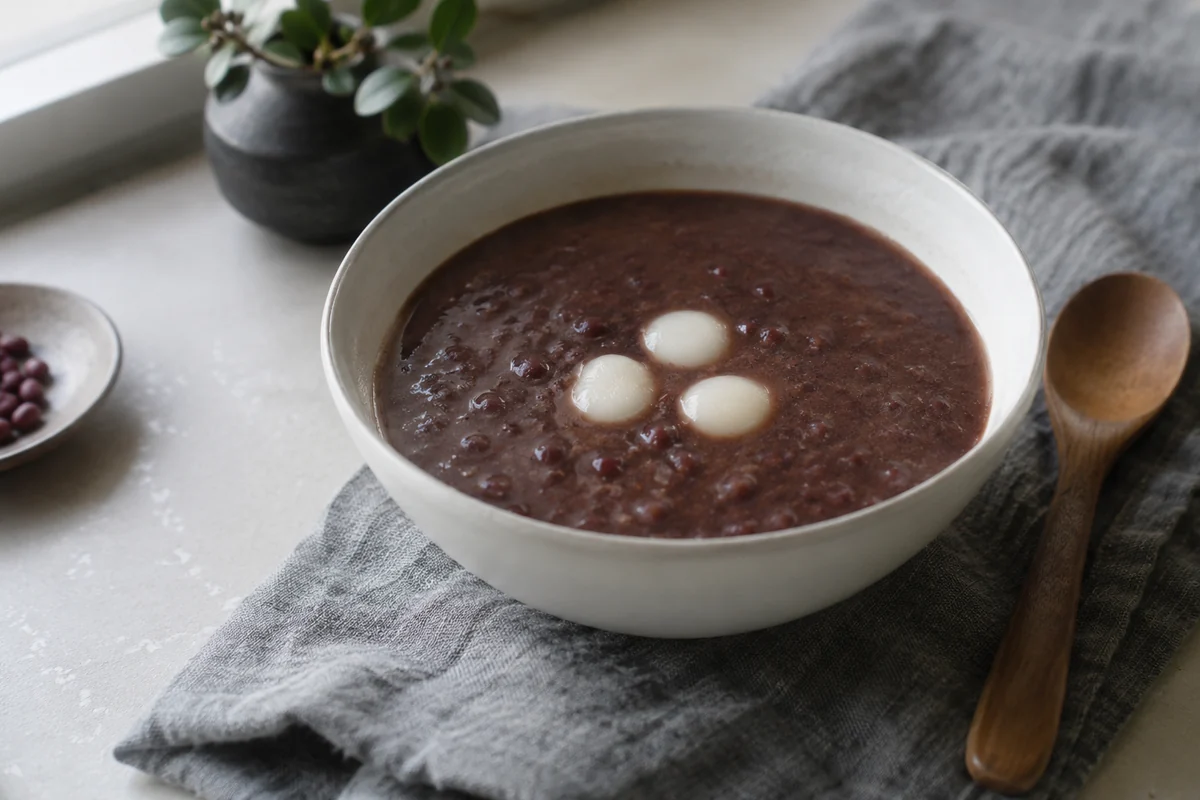 Illustrated burgundy red-bean porridge with three white rice balls