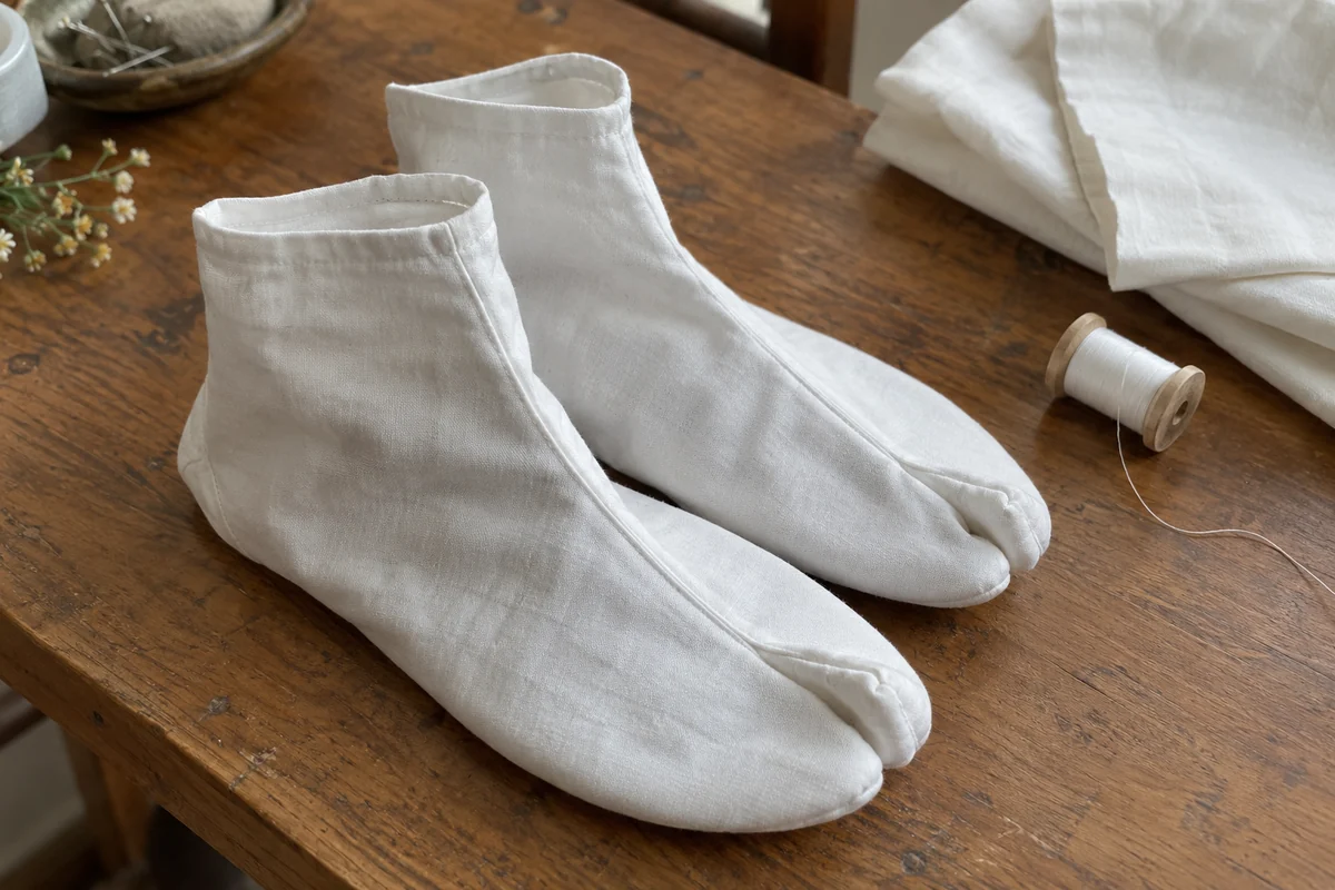 Conceptual white sewn cloth socks with curved toes