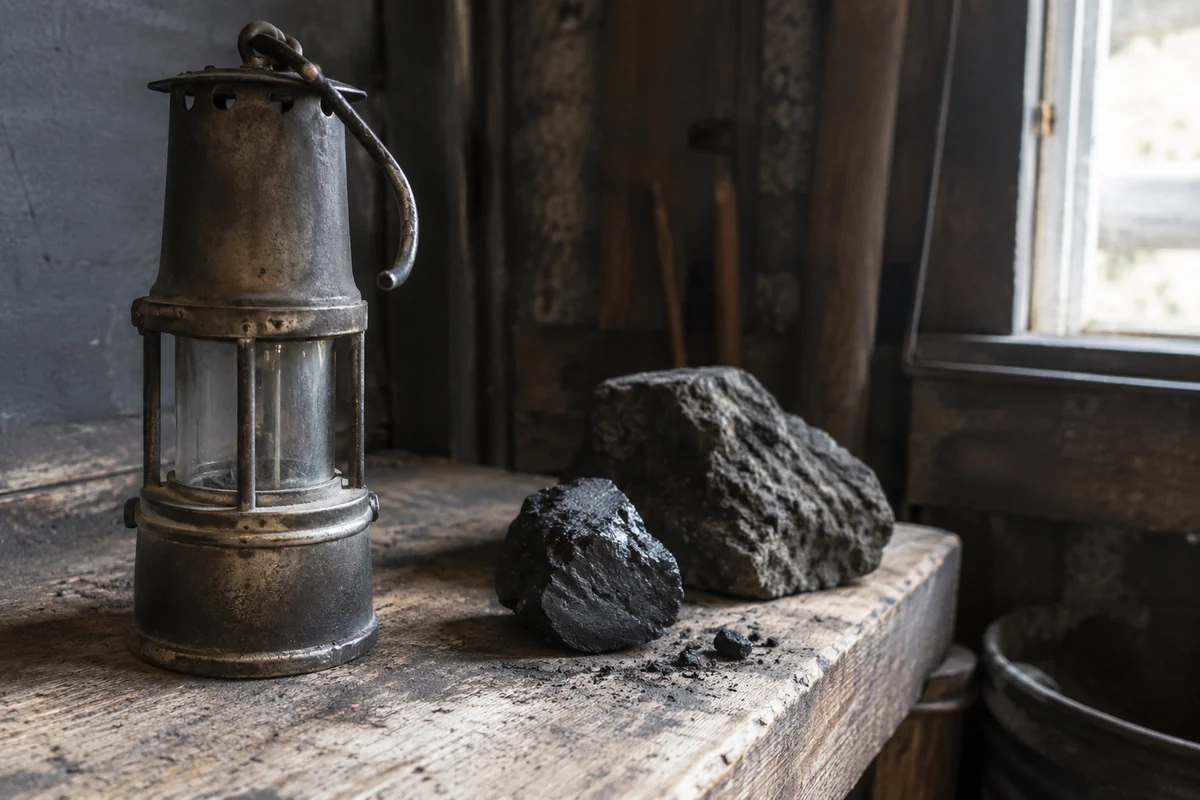 Conceptual worn miner’s lamp beside coal and stone