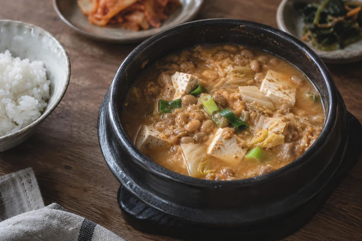 Illustrated soybean stew with tofu and green onion in an earthenware bowl