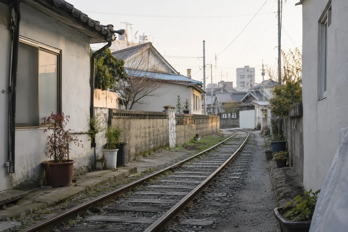 Conceptual disused railway between anonymous low-rise homes