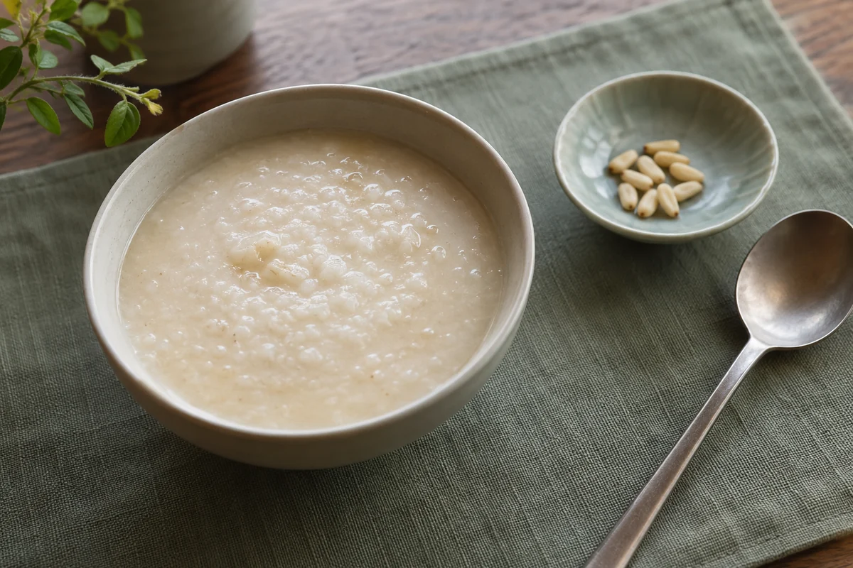 Illustrated pale rice porridge with a separate dish of pine nuts