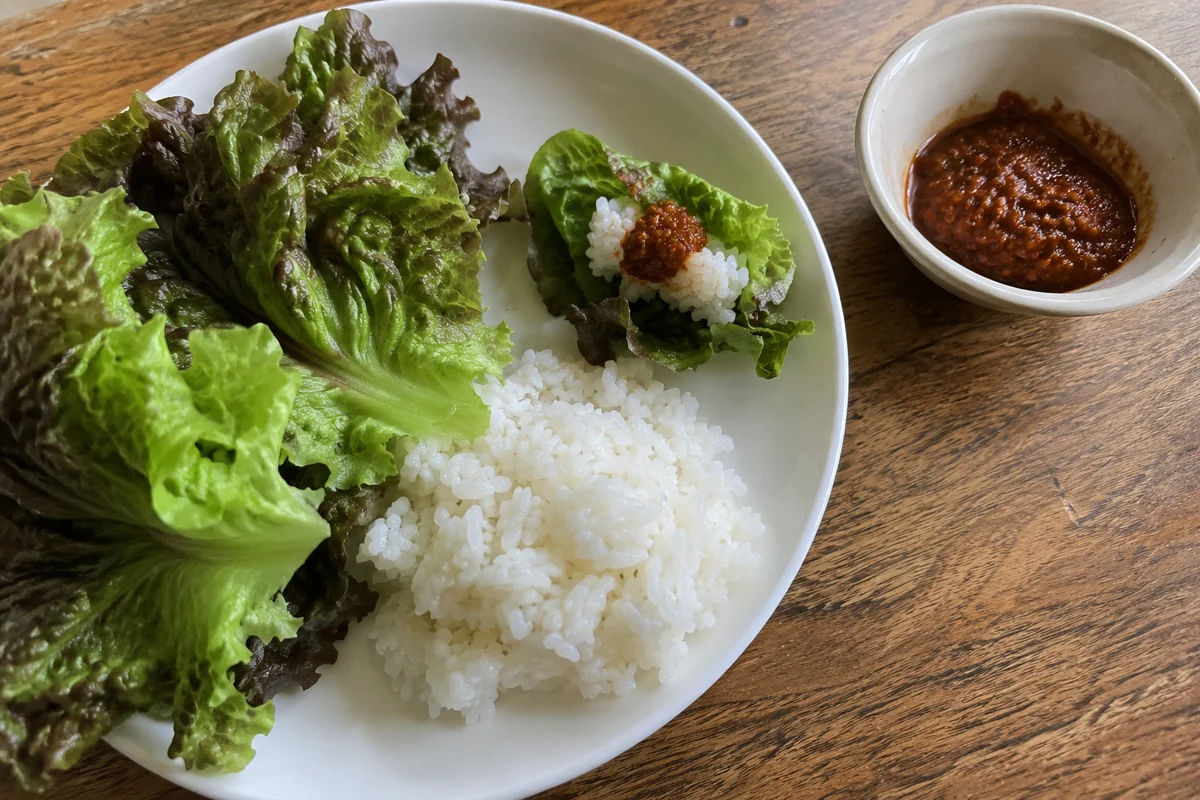 Illustrated lettuce leaves, rice and a small dish of wrapping paste
