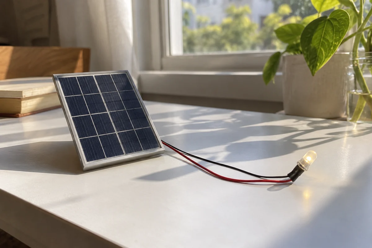Conceptual small solar panel connected to a tiny bulb on a desk