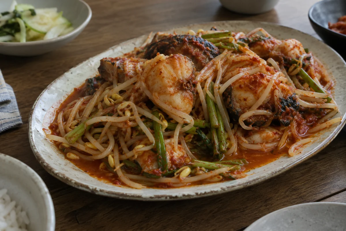 Illustrated braised monkfish with soybean sprouts and green stems