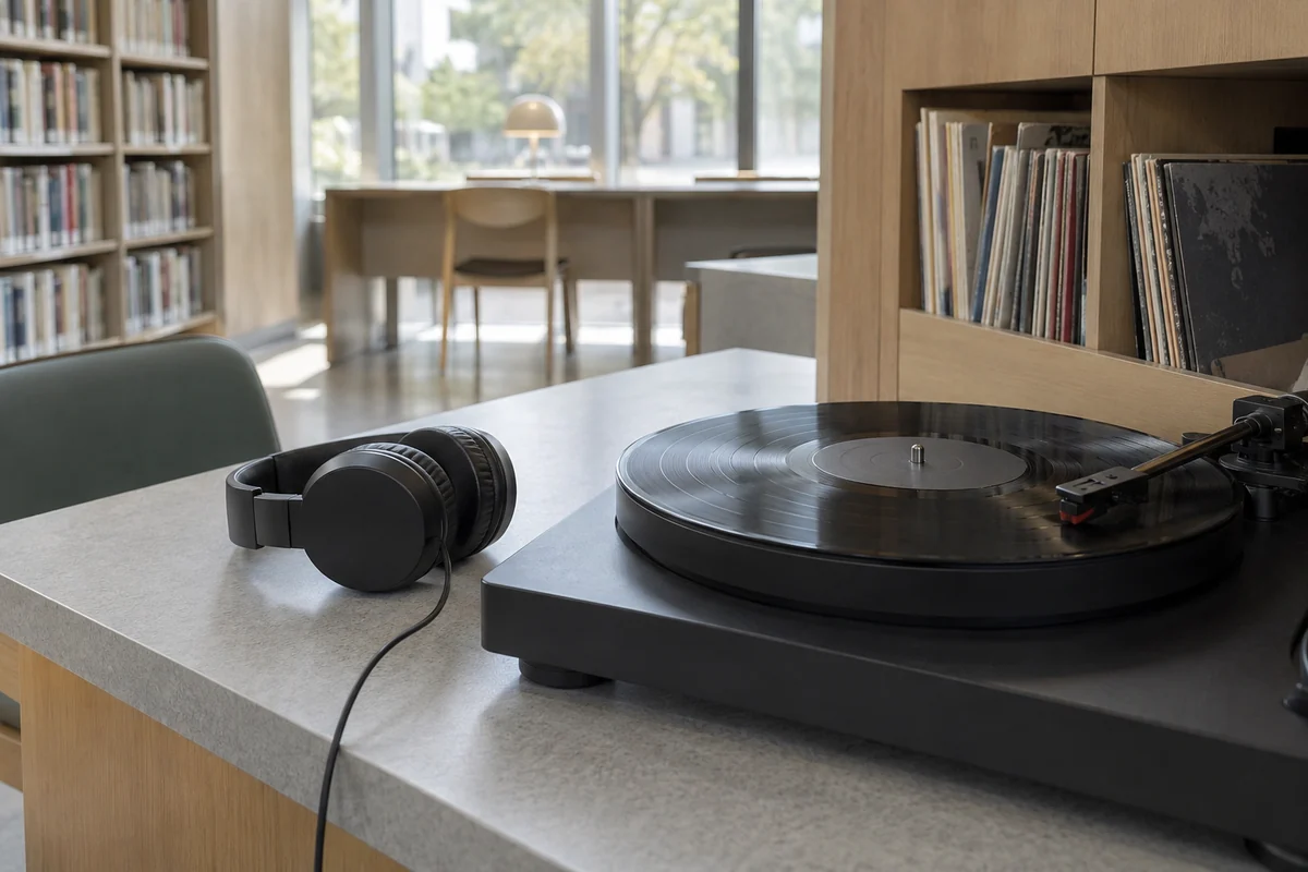 Conceptual unbranded turntable and headphones on a listening desk
