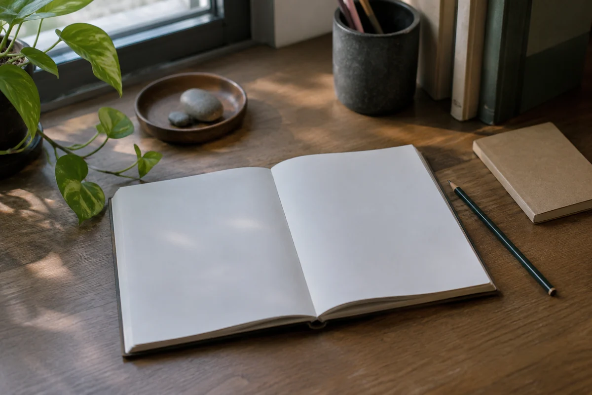 Conceptual blank open book with pencil and plain notebook on a desk