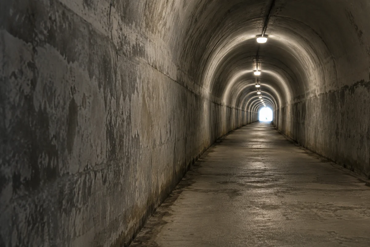 Conceptual anonymous concrete pedestrian tunnel with ceiling lights