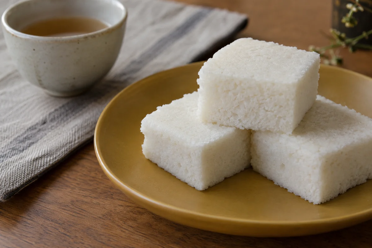 Illustrated white rice-cake cubes showing a fine crumb on an ochre plate
