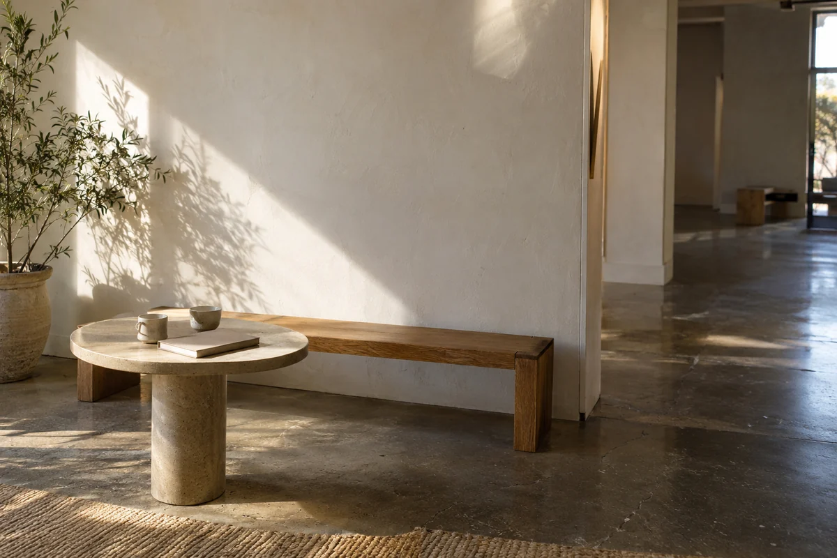A fictional sunlit gallery conversation corner with a wooden bench, two cups and an unmarked notebook