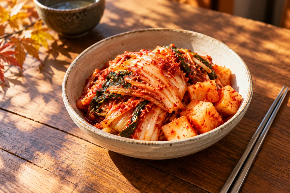 A conceptual bowl of cabbage and radish kimchi on a sunlit wooden table