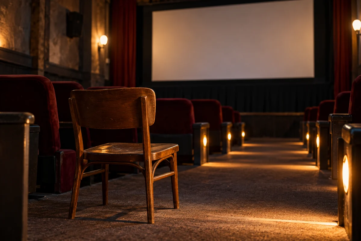 A conceptual empty cinema with a wooden chair and a blank screen