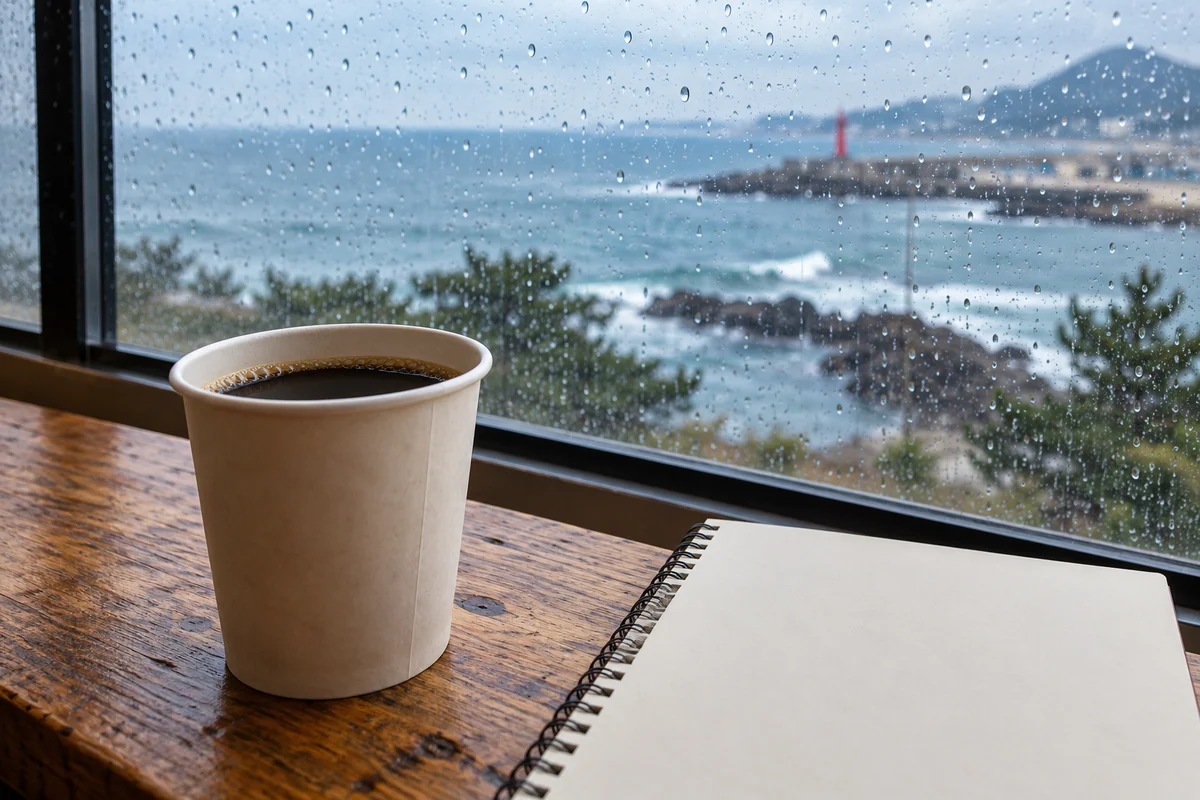 A conceptual cup of coffee and notebook beside a rainy coastal window