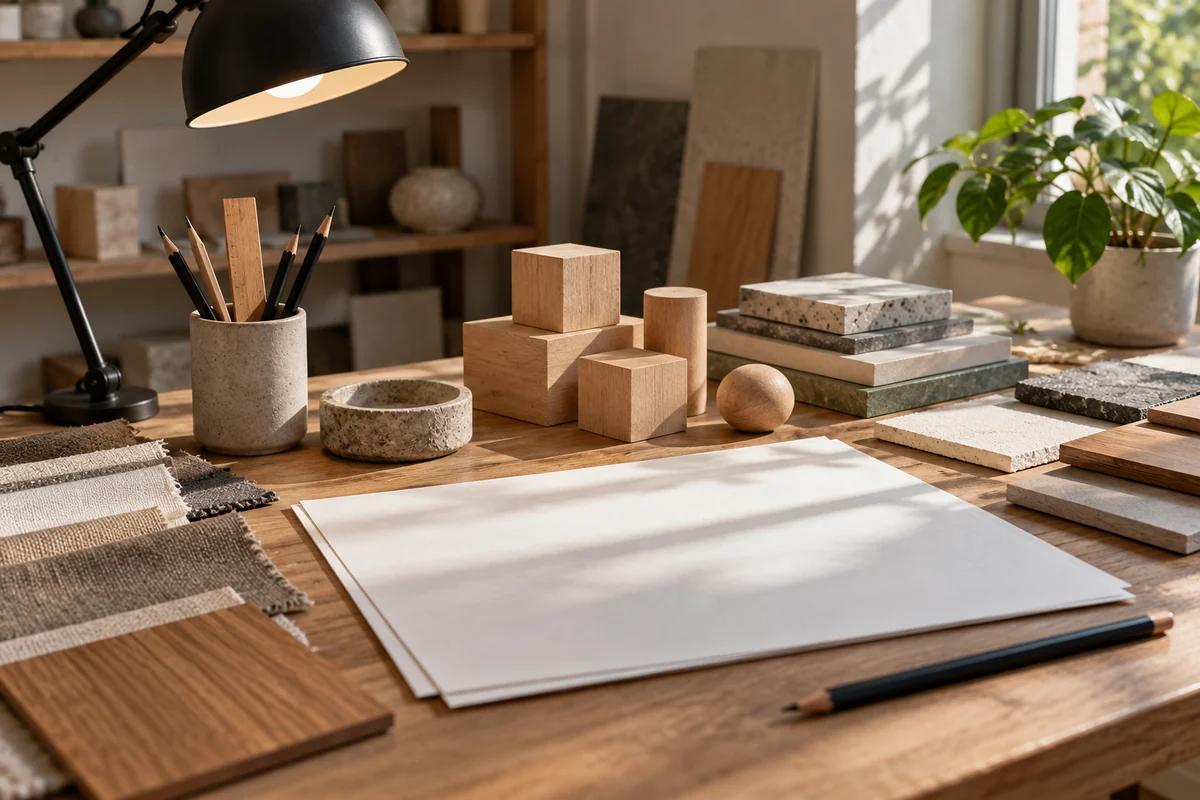 A conceptual design desk with wooden blocks, material samples and blank paper