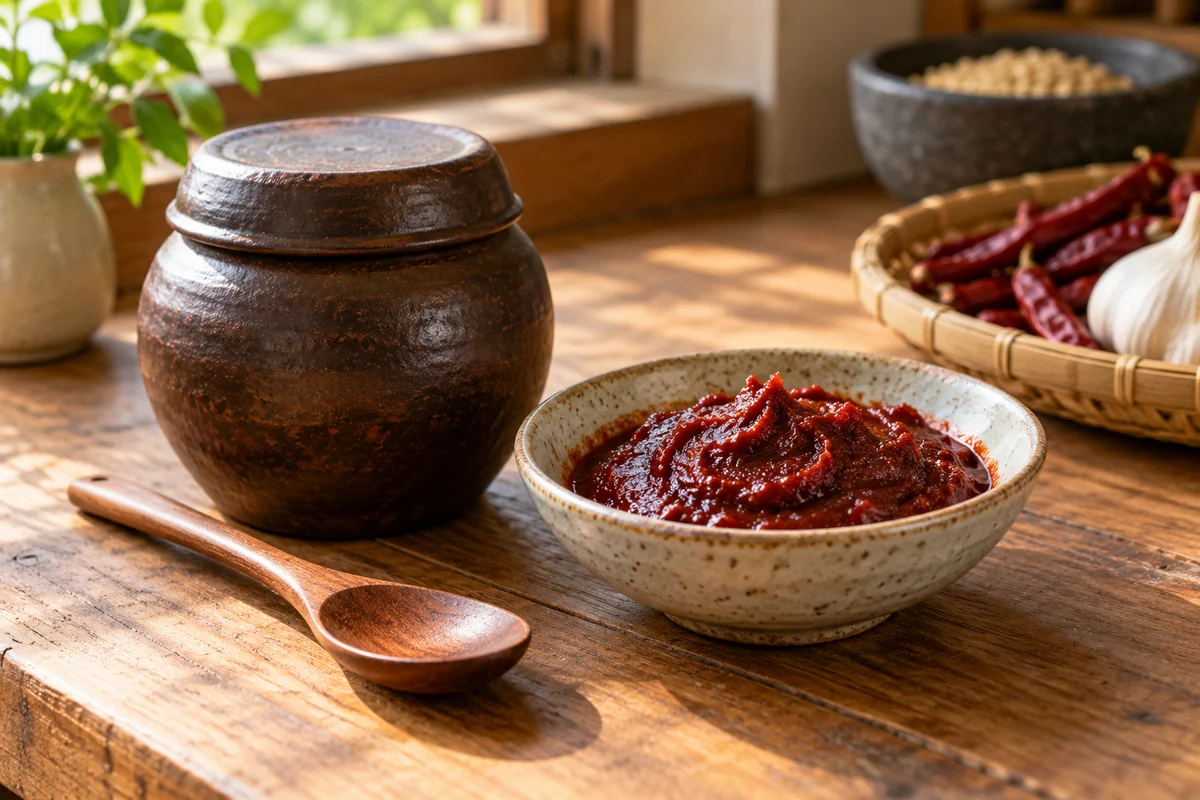 A conceptual bowl of red fermented chili paste with an unmarked earthenware jar