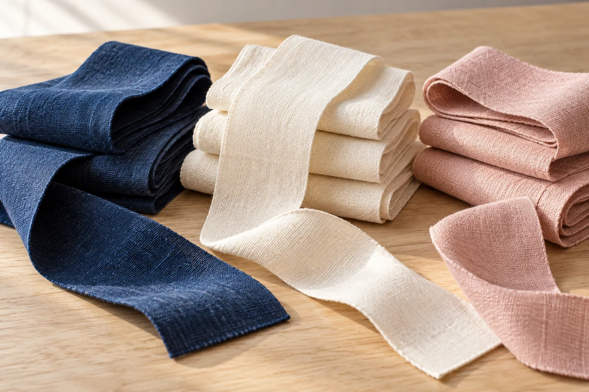 Folded blue, ivory and pink fabrics on a table