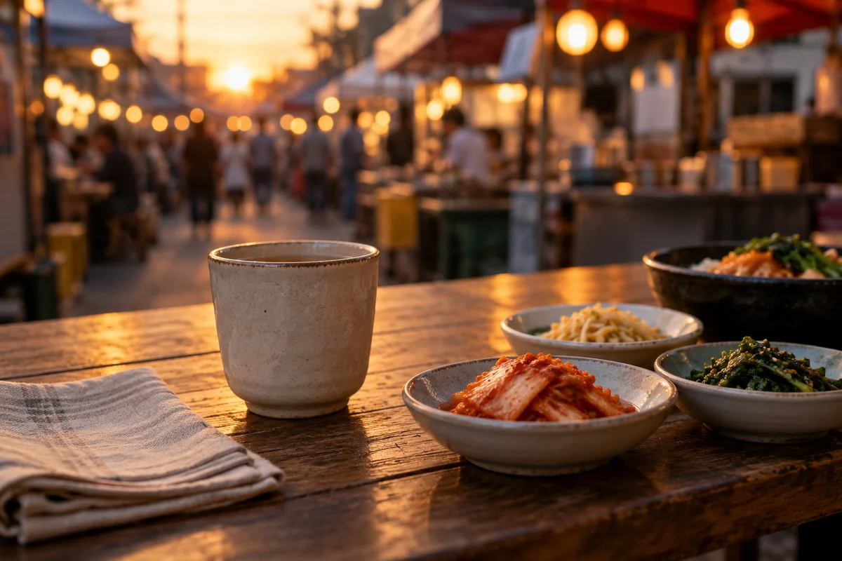 A conceptual outdoor market table with small bowls of food