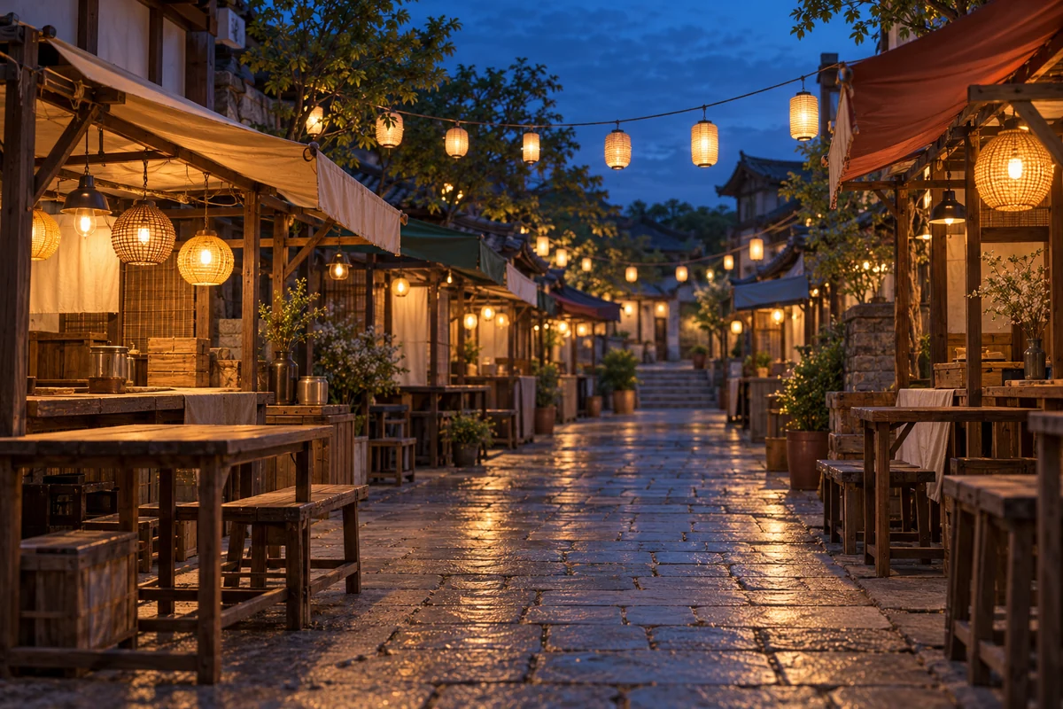 A fictional market lane lit with hanging lamps at blue hour