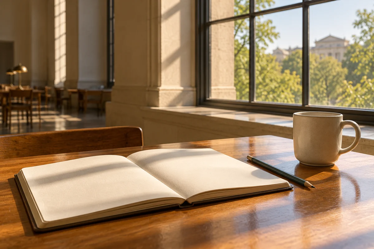 A conceptual blank sketchbook and ceramic cup in a sunlit room