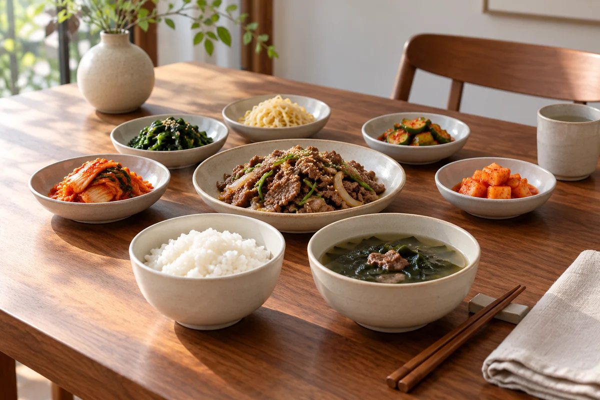 A conceptual table set with plain dishes and a meal