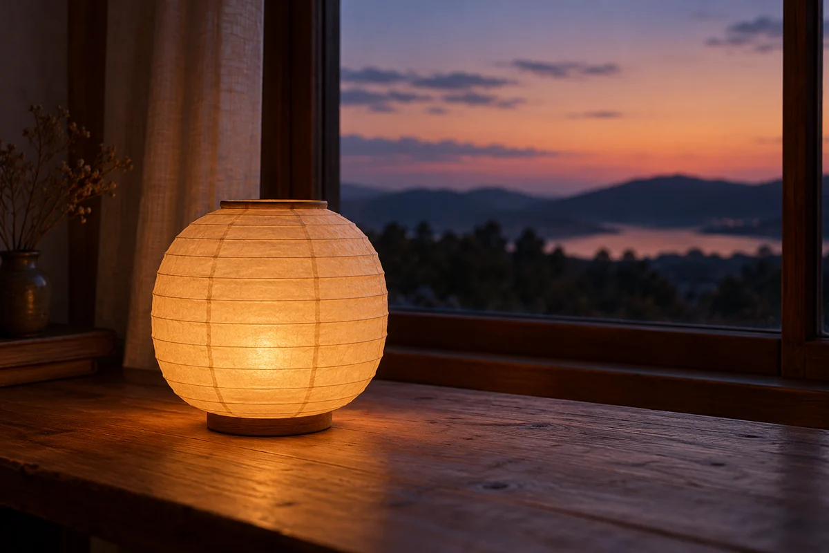 A conceptual unmarked paper lantern beside a window at dusk