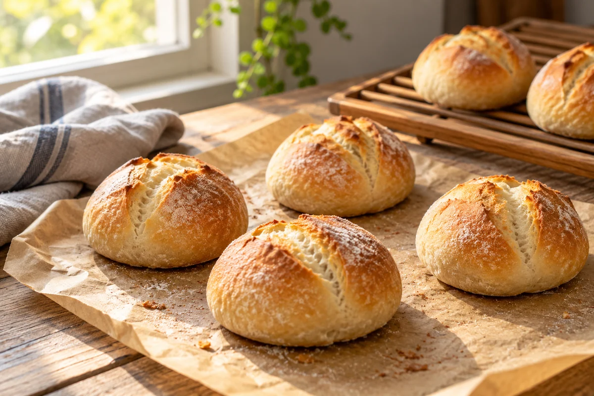 Conceptual unbranded bread rolls on baking paper