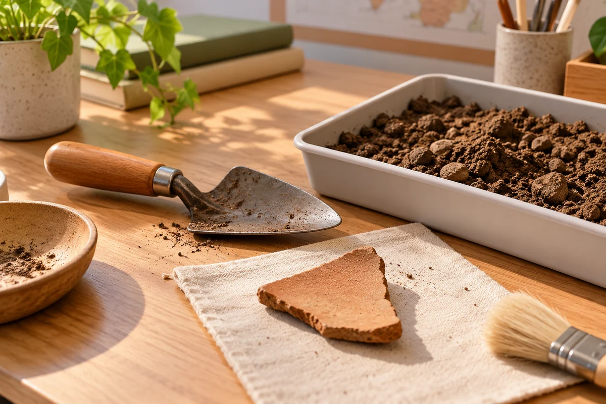 A trowel and a plain fragment on a fictional worktable