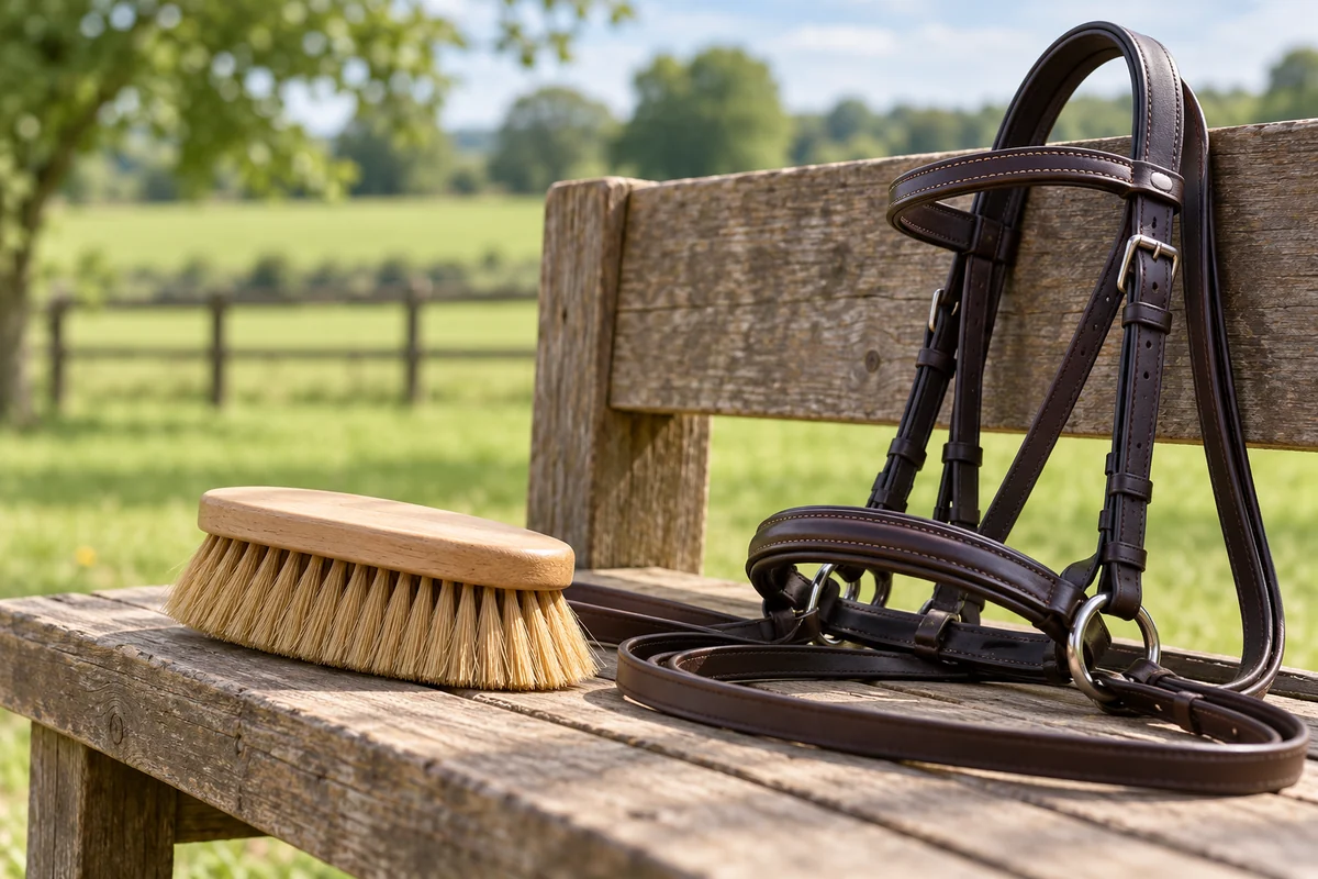 A conceptual grooming brush and bridle beside a pasture