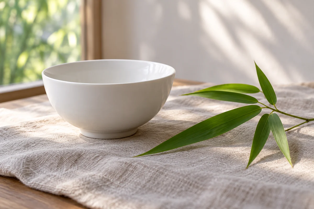 A plain modern ceramic bowl and a bamboo leaf