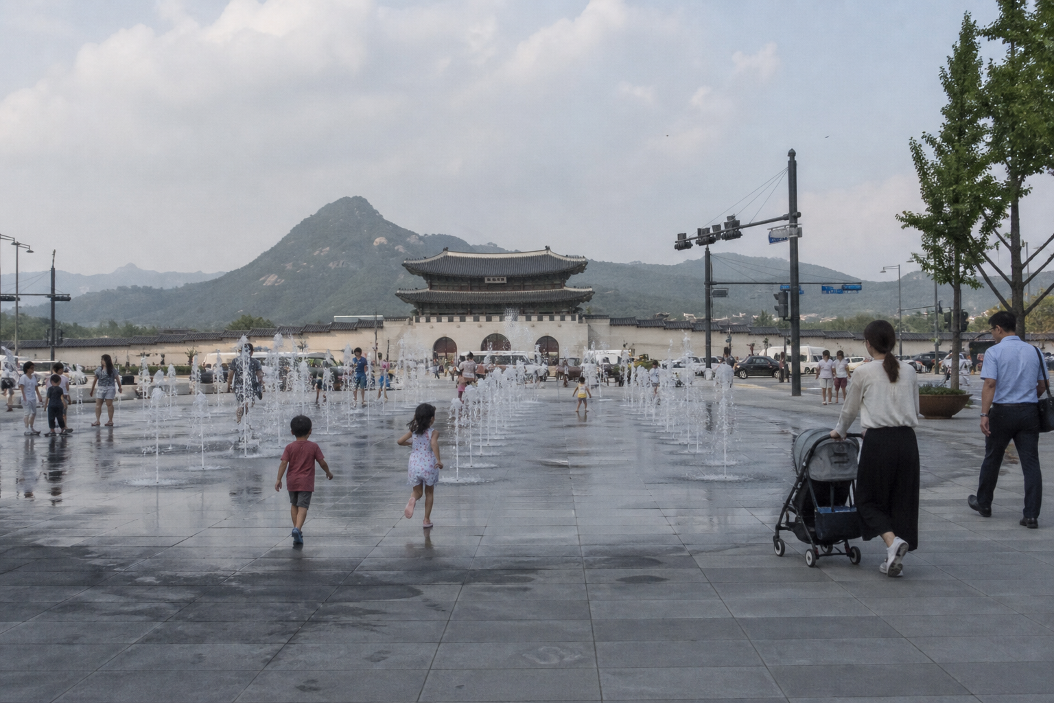 A natural AI-generated SEOULIAN editorial photograph illustrating Gwanghwamun Square