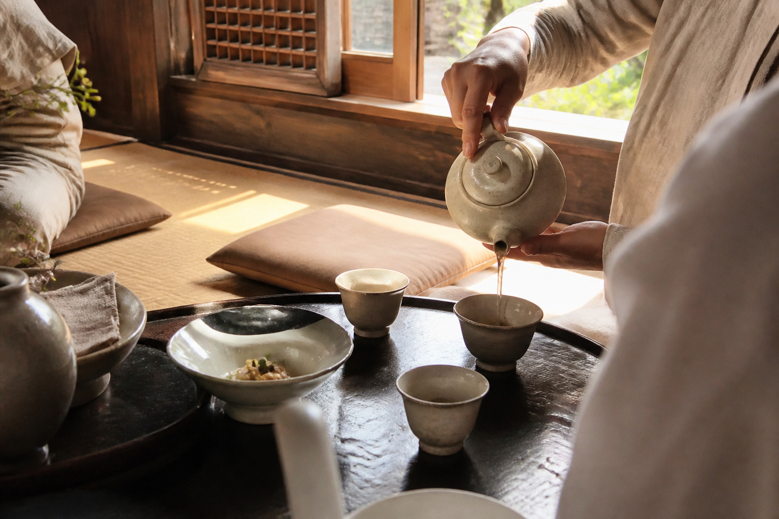 A natural AI-generated SEOULIAN editorial photograph illustrating Korean tea ceremony
