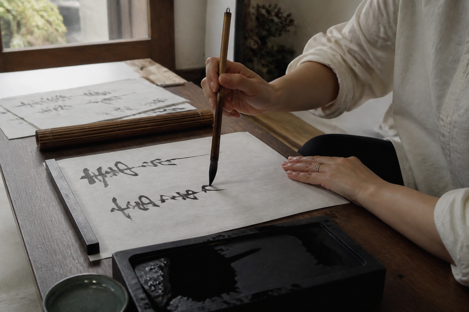 A natural AI-generated SEOULIAN editorial photograph illustrating Korean calligraphy