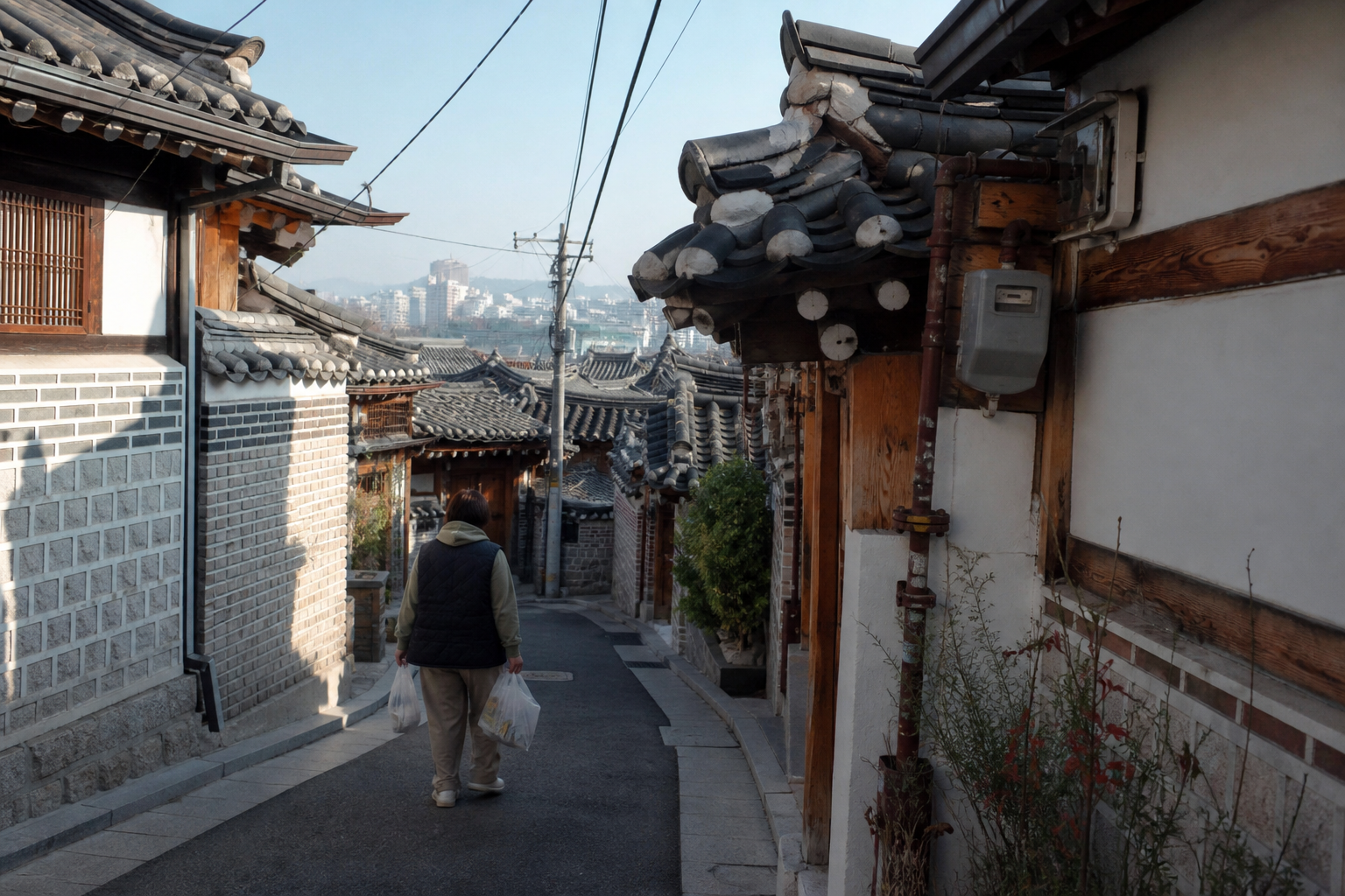 A natural AI-generated SEOULIAN editorial photograph illustrating Bukchon Hanok Village