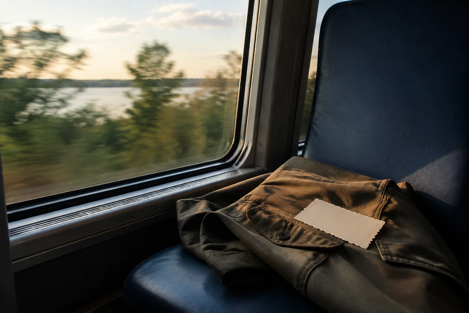Unbranded travel still life on a train seat.